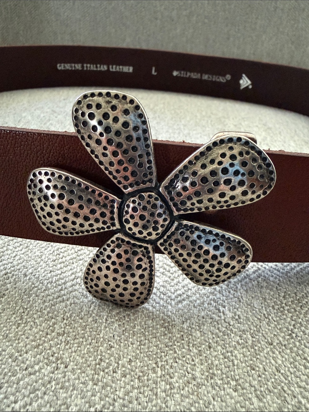 Silpada Genuine Italian Leather Cognac Flower Buckle Belt Large Retired